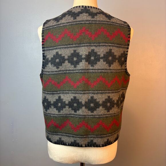 Vintage At Last & Co. Wool Vest Aztec Navajo Pattern Wood Toggle Buttons Large - Picture 2 of 7
